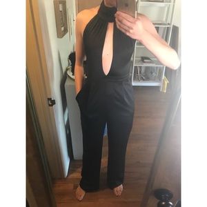 Guess Satin Halter Tuxedo Low V Neck Jumpsuit